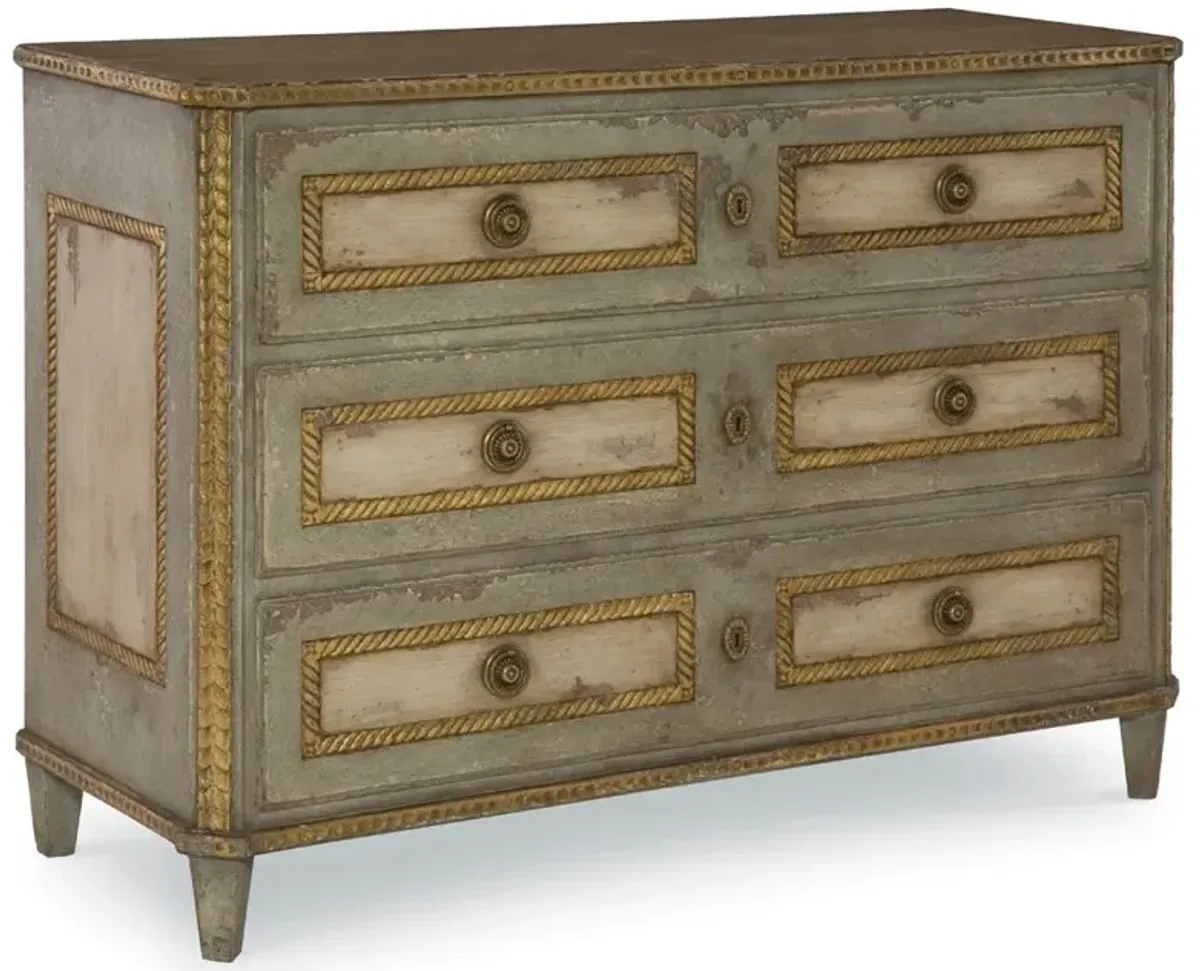 Century Corbett French Grey Wood Gold Leaf Brass Accent 3 Drawer Bachelor Chest