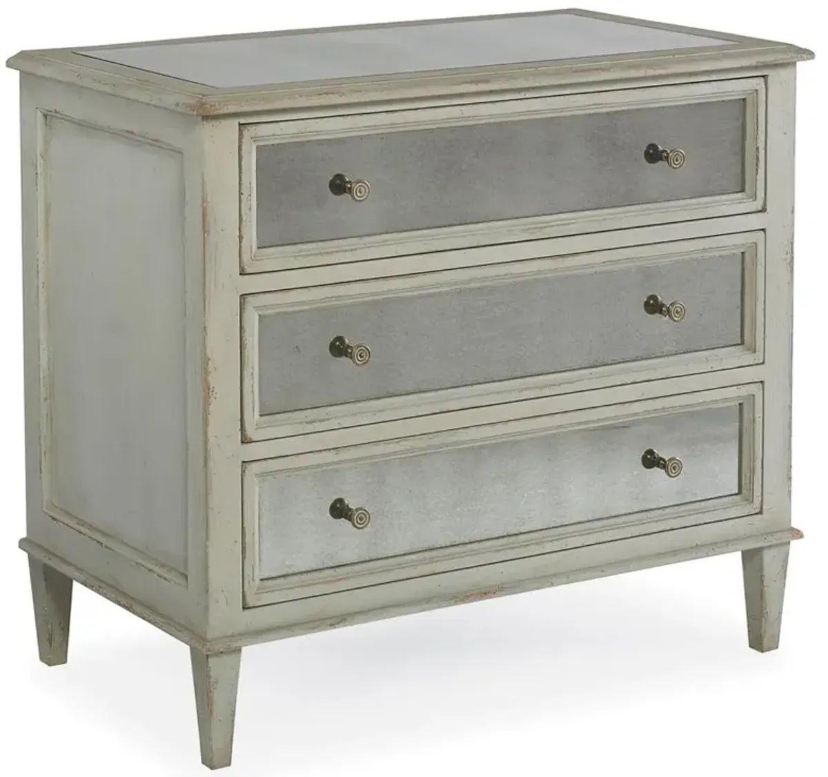 Century Madeline French Grey Acacia Wood Silver Eglomise Mirror 3 Drawer Nightstand