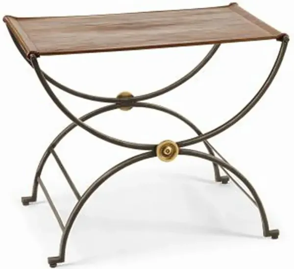 Century Niles French Country Brown Upholstered Grey Metal Brass Frame Accent Stool
