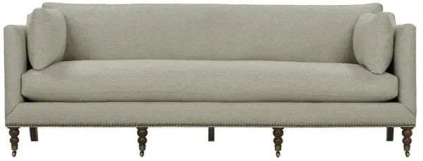 Madeline French Grey Upholstered Brown Wood Brass Casters Nailhead Sofa - Large - 90"W