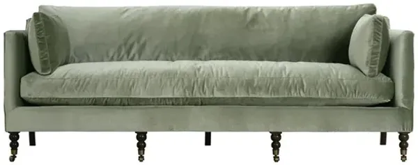 Madeline French Green Upholstered Brown Wood Brass Casters Sofa - Large - 90"W