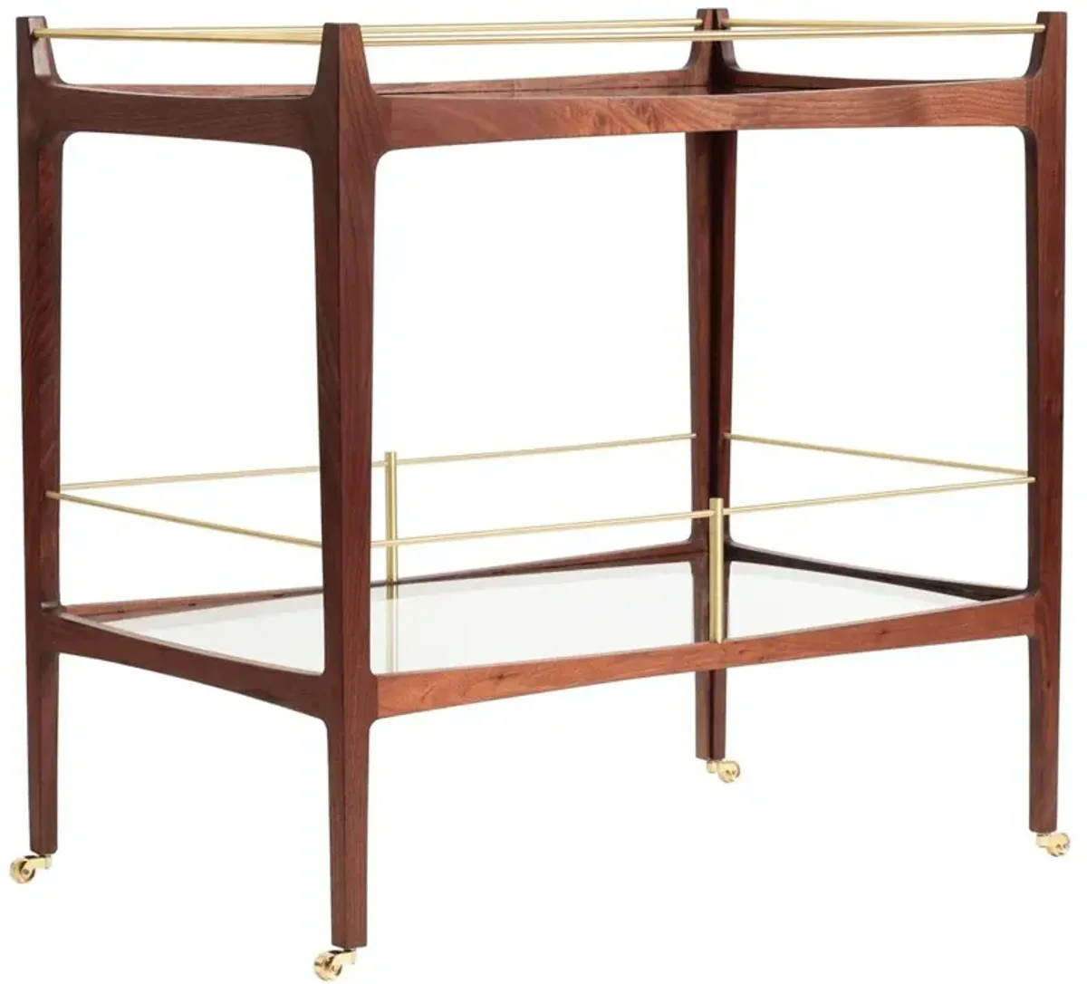 Daniel Rickey Mid Century Brown Wood Clear Glass Brass Accent Bar Cart
