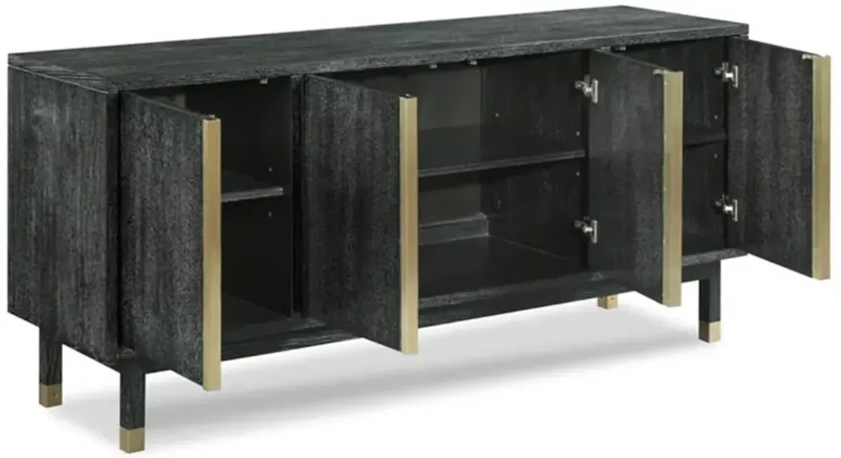 Avalon Mid Century Slate Black Oak Wood Brass 4 Door Media Cabinet