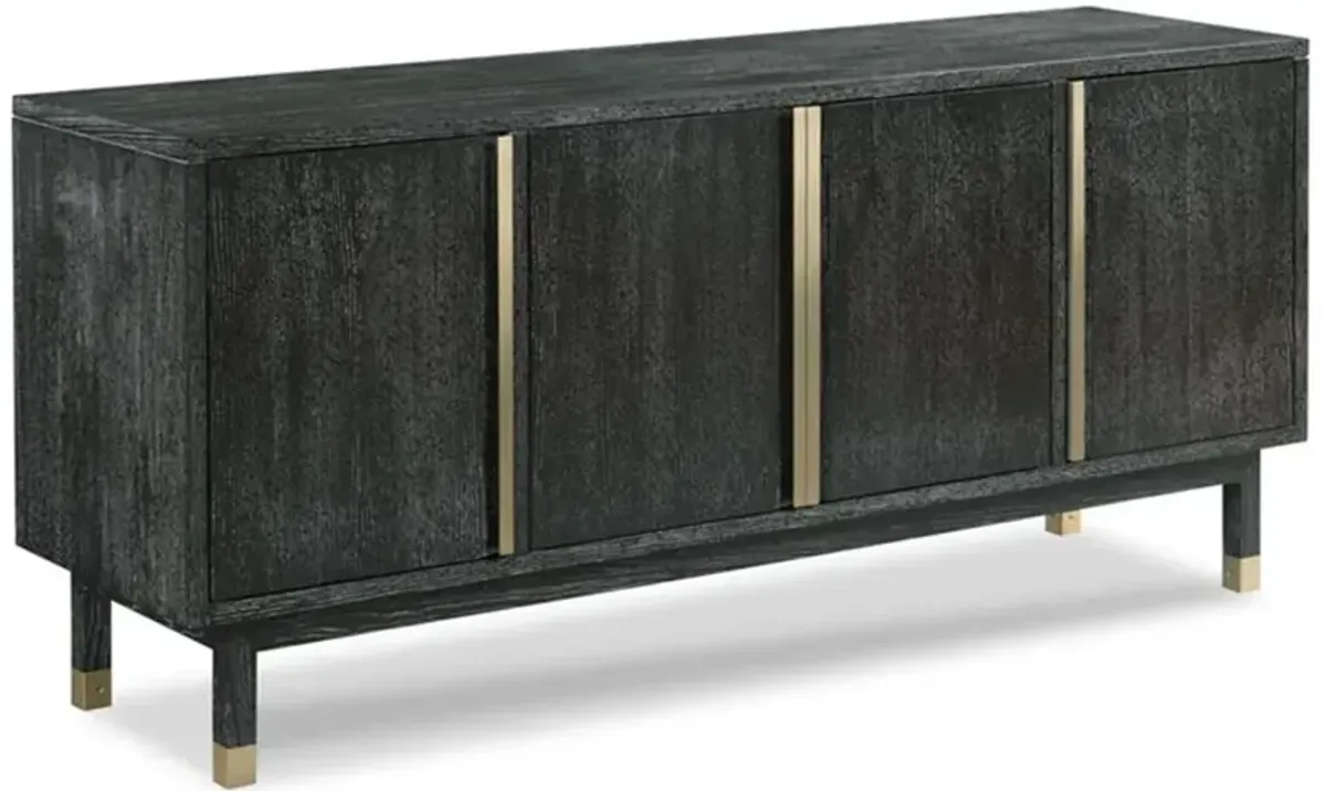 Avalon Mid Century Slate Black Oak Wood Brass 4 Door Media Cabinet