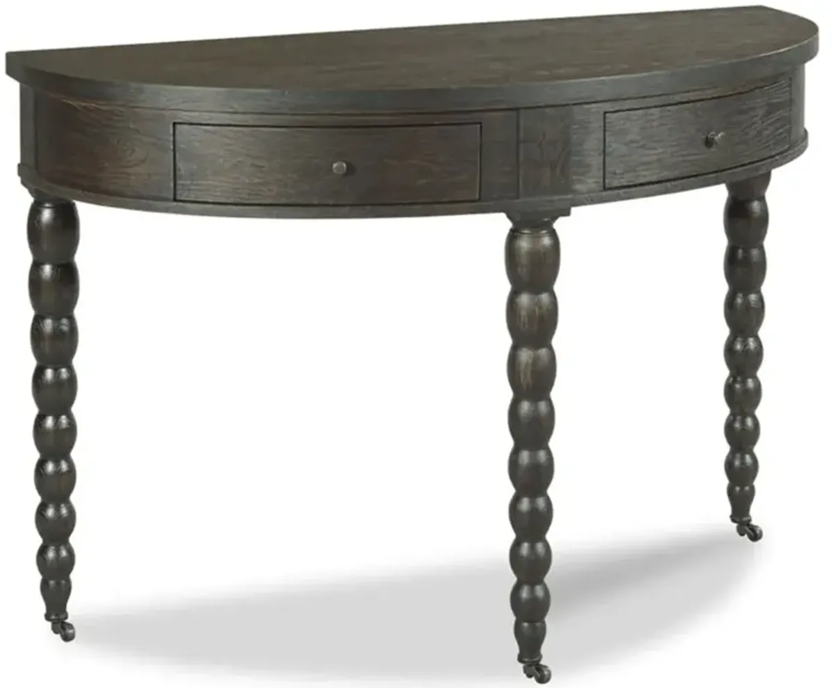Salutation Mid Century Dark Brown Oak 2 Drawer Demilune Console Table
