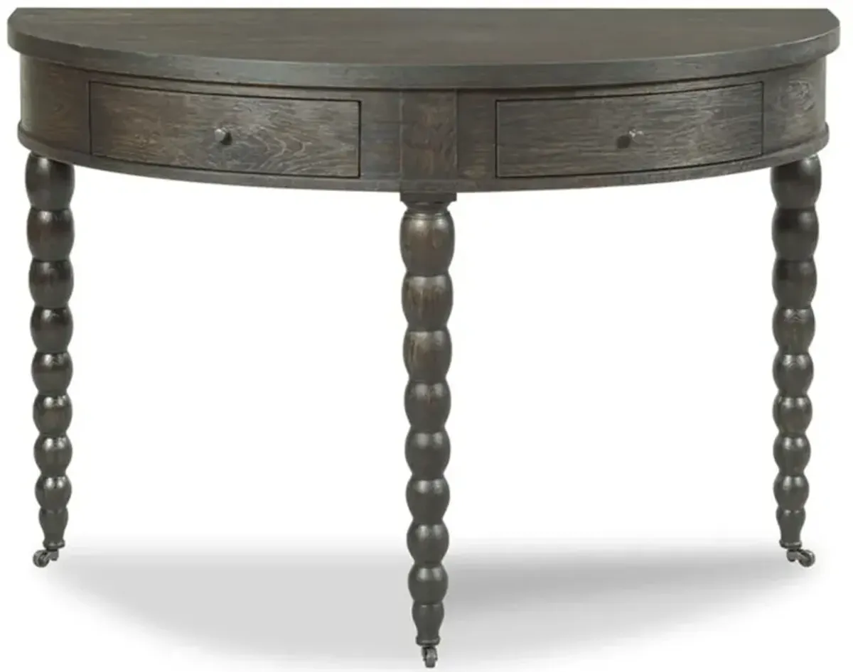 Salutation Mid Century Dark Brown Oak 2 Drawer Demilune Console Table