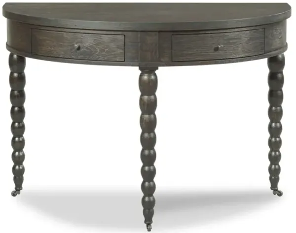 Salutation Mid Century Dark Brown Oak 2 Drawer Demilune Console Table