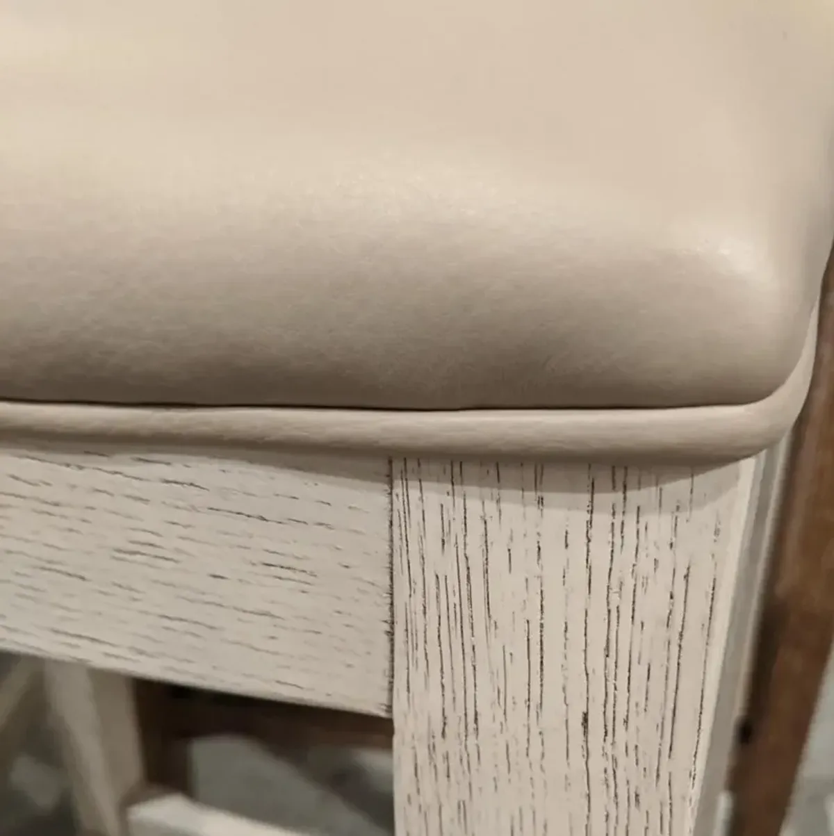 Petite French White Upholstered Leather Seat Solid Wood Counter Stool
