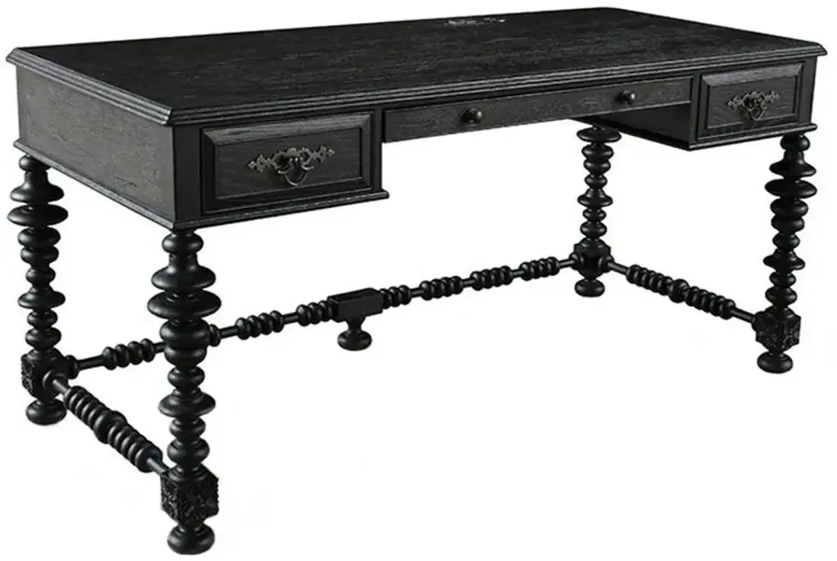 Lisbon Mid Century Modern Worn Black Oak 2 Drawer Writing Desk