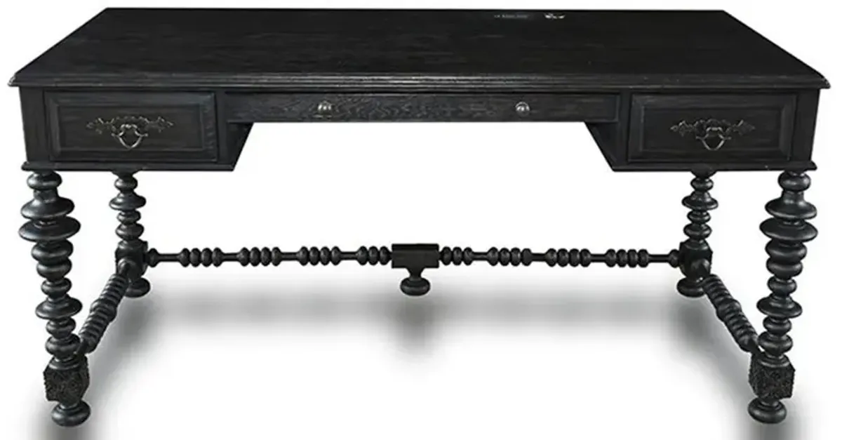 Lisbon Mid Century Modern Worn Black Oak 2 Drawer Writing Desk