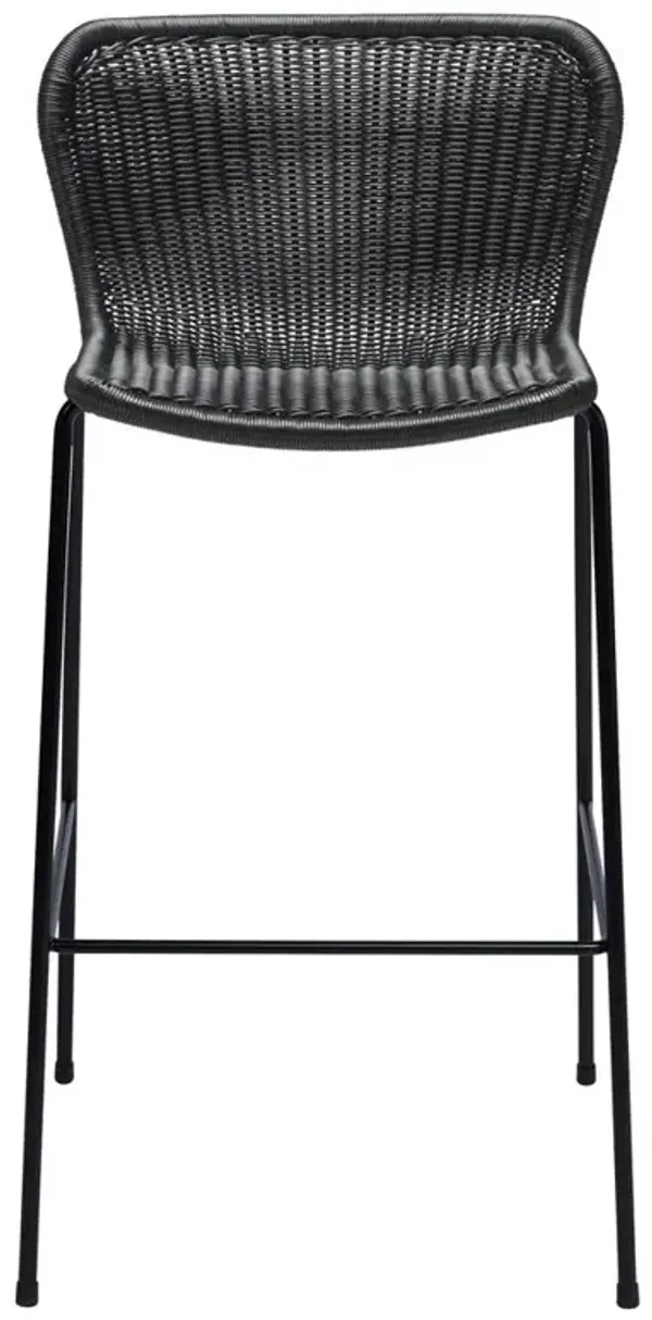 Torrey Coastal Beach Black Wicker Black Steel Frame Low Back Outdoor Bar Stool