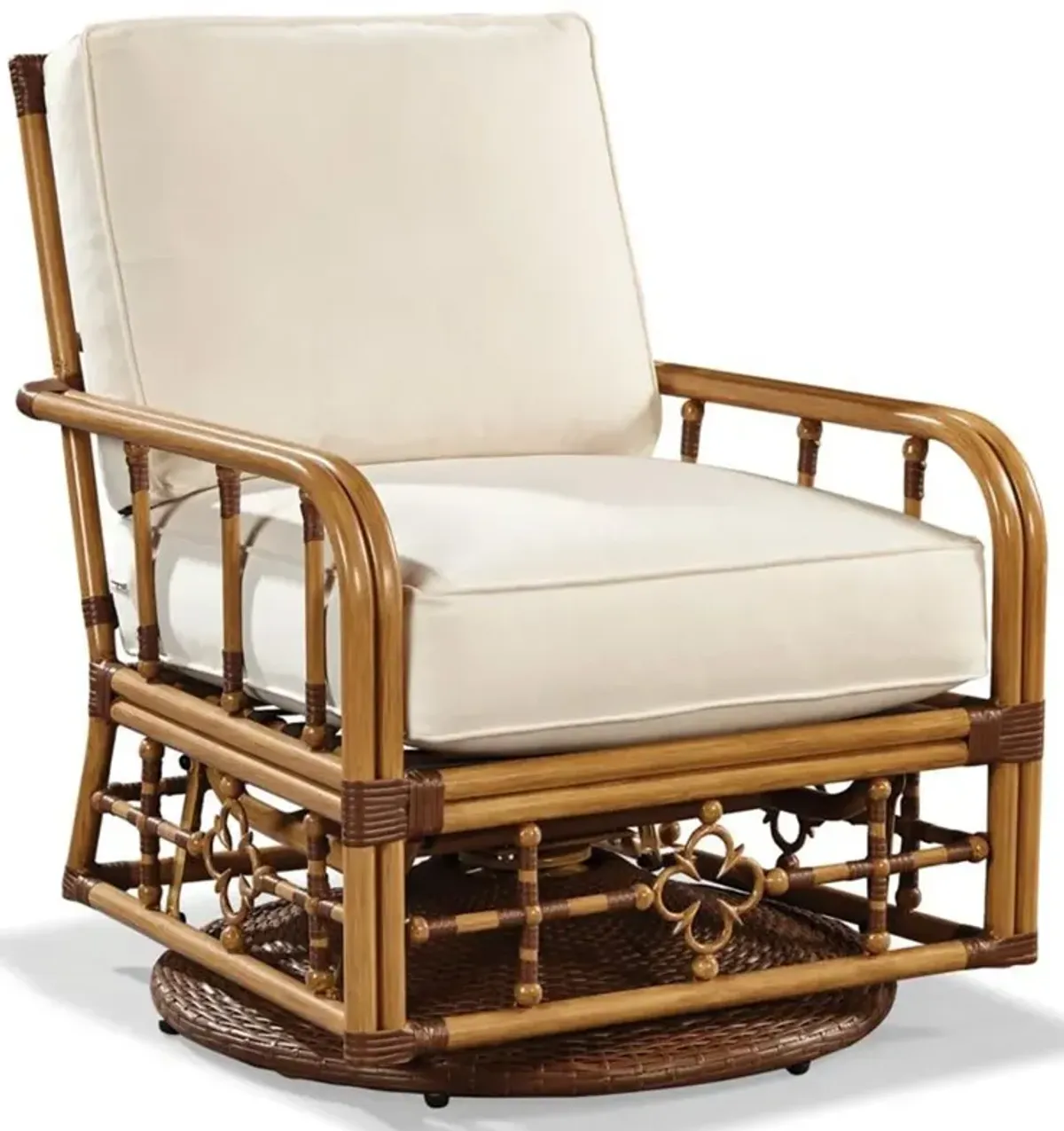 Myrah Coastal Beach Brown Aluminum White Upholstered Outdoor Swivel Chair