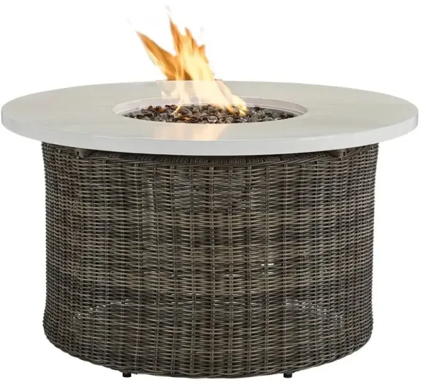 Ohara Coastal Beach White Aluminum Top Brown Woven Wicker Outdoor Fire Pit Table