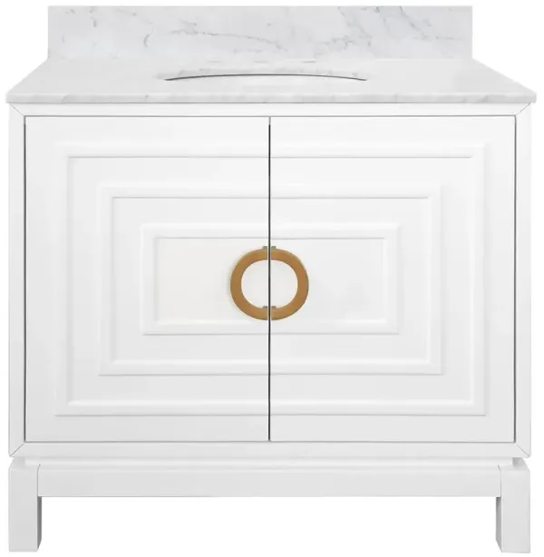 Worlds Away Bixby Modern Classic White Marble White Oak Wood Vanity Sink - 37"