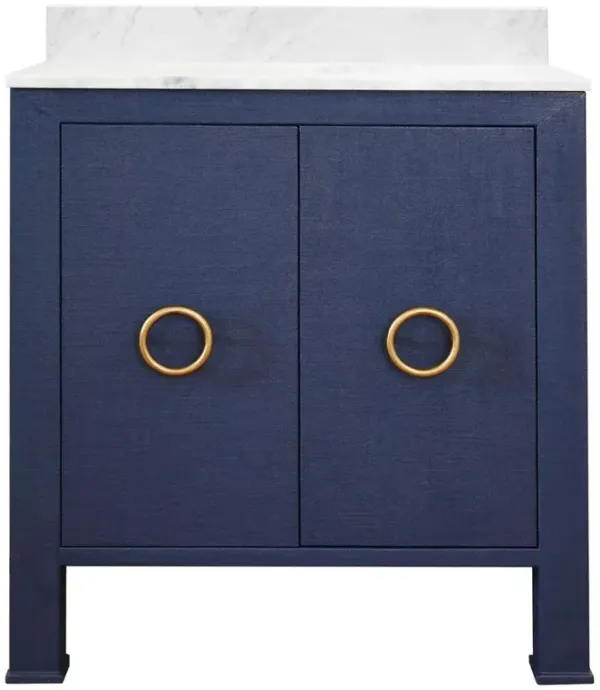 Worlds Away Blanche Modern Classic White Marble Navy Blue Linen Vanity Sink - 31"