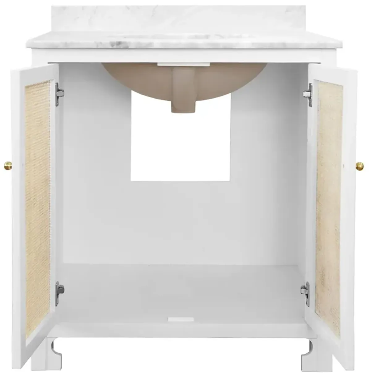 Worlds Away Boyd Coastal White Marble Cane White Wood Vanity Sink - 31"