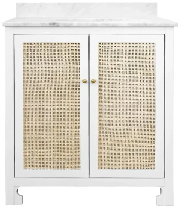 Worlds Away Boyd Coastal White Marble Cane White Wood Vanity Sink - 31"