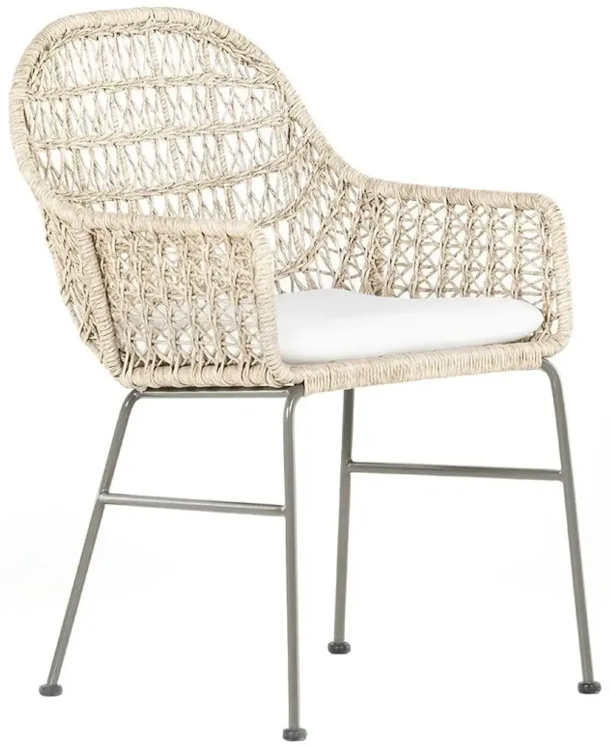 Elena Coastal Beach White Cushion Beige Wicker Iron Frame Outdoor Dining Chair