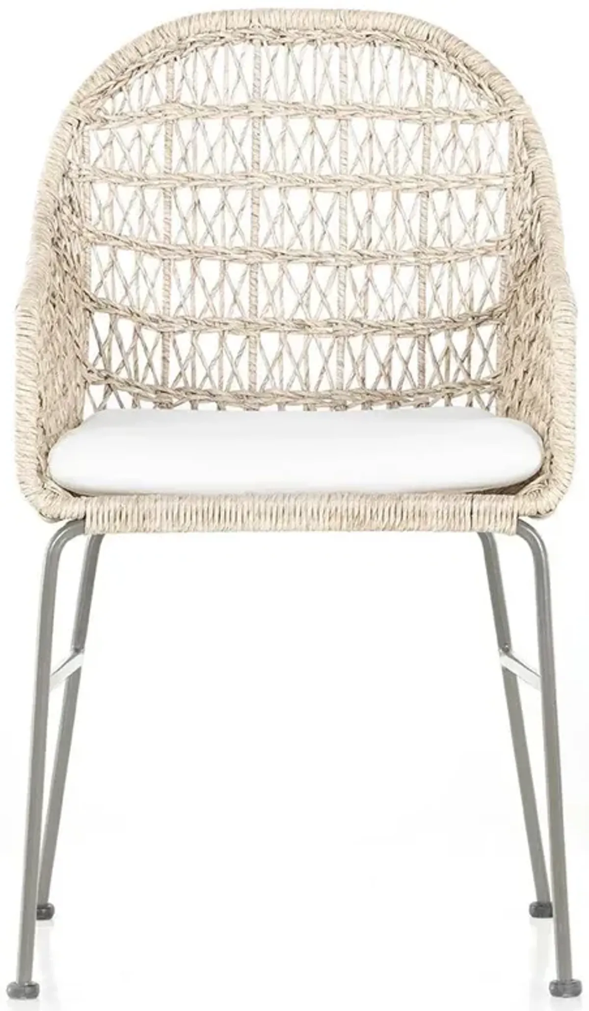 Elena Coastal Beach White Cushion Beige Wicker Iron Frame Outdoor Dining Chair