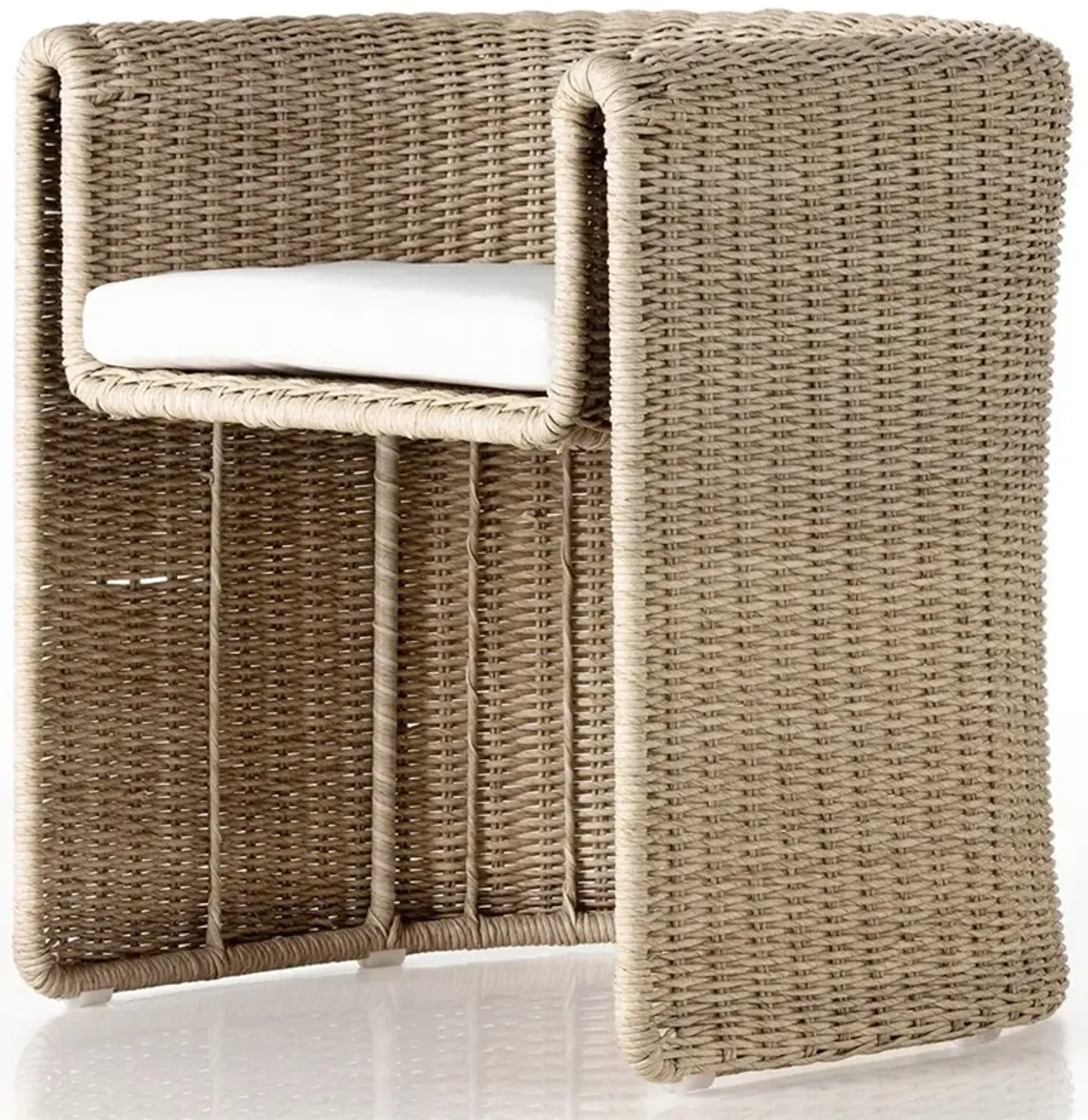 Aurora Coastal Beach Beige Woven Wicker White Cushion Outdoor Dining Chair