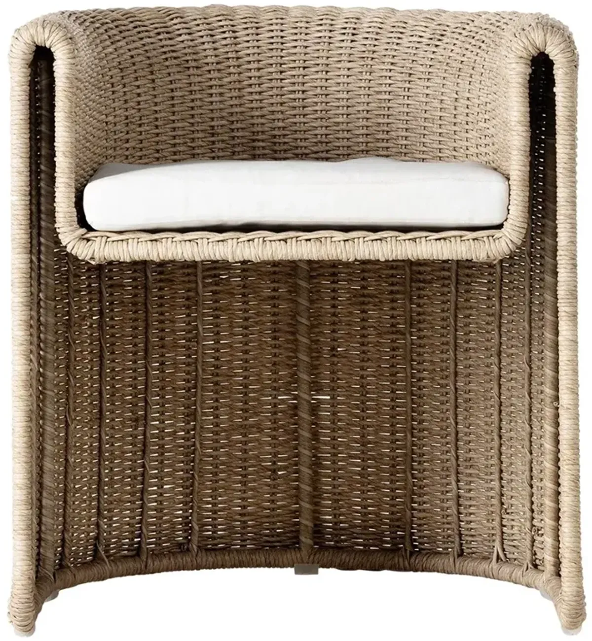 Aurora Coastal Beach Beige Woven Wicker White Cushion Outdoor Dining Chair