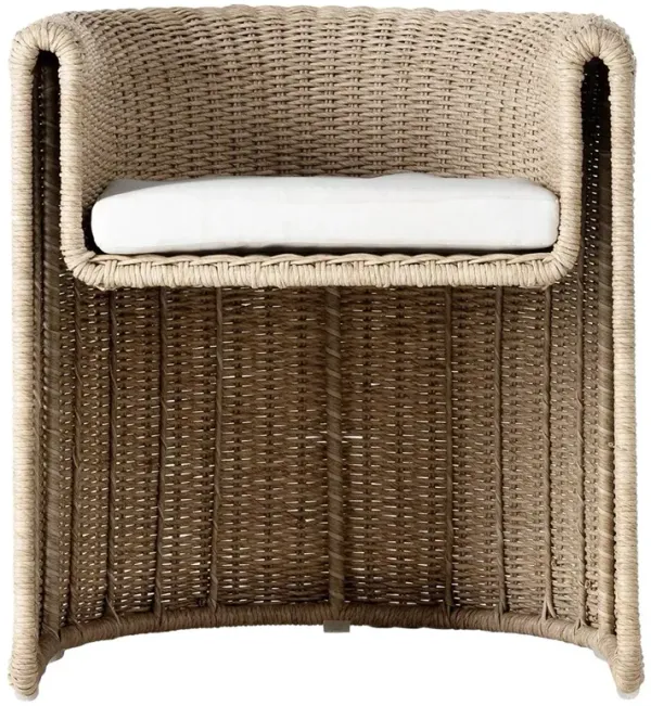 Aurora Coastal Beach Beige Woven Wicker White Cushion Outdoor Dining Chair