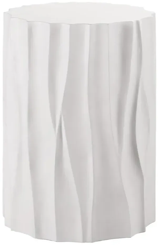 Jenia Coastal Beach White Cast Concrete Round Drum Outdoor Side Table