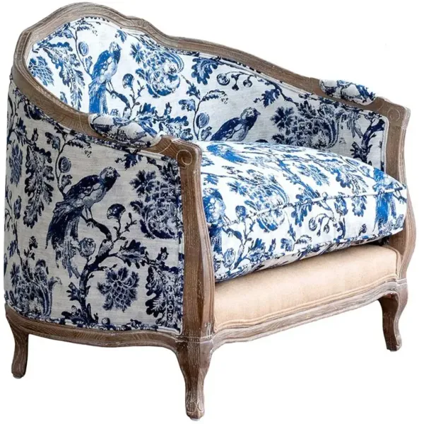 Ancel French Country Blue Upholstered Beige Burlap Oak Wood Chair and a Half