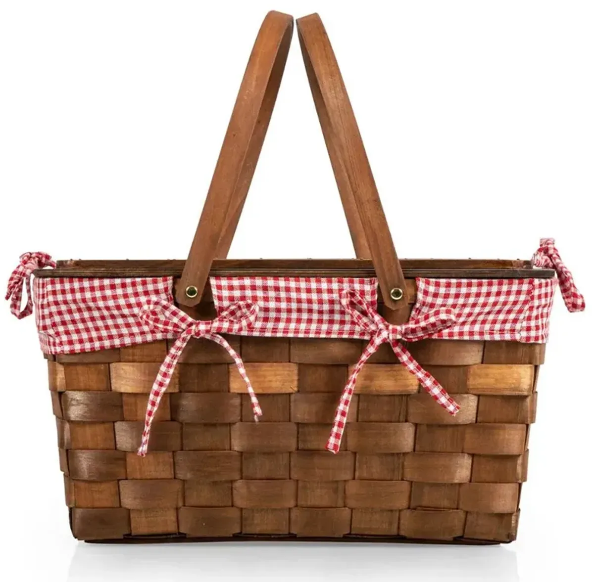 Roberto French Country Brown Wood Red Plaid Picnic Basket