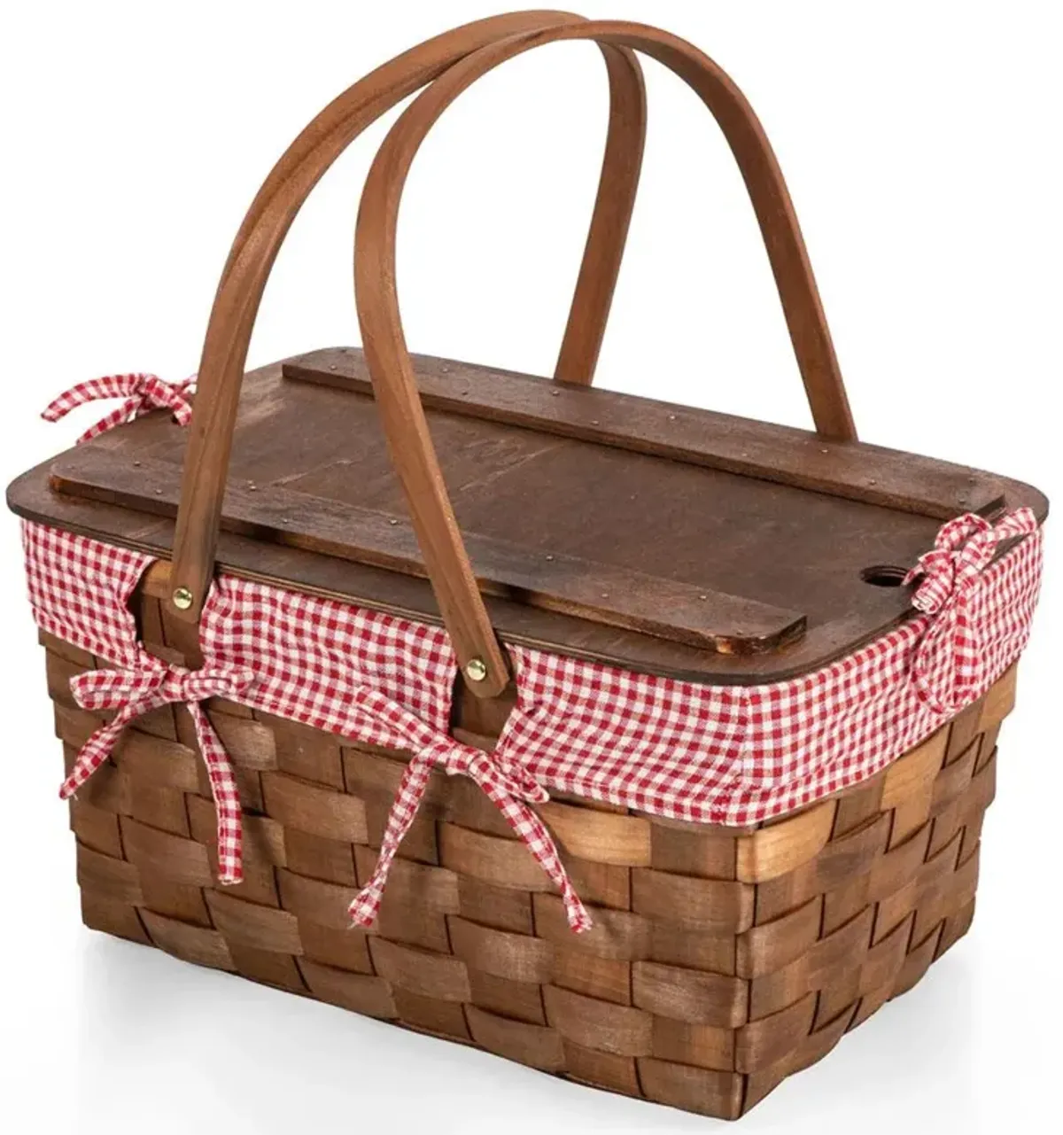 Roberto French Country Brown Wood Red Plaid Picnic Basket
