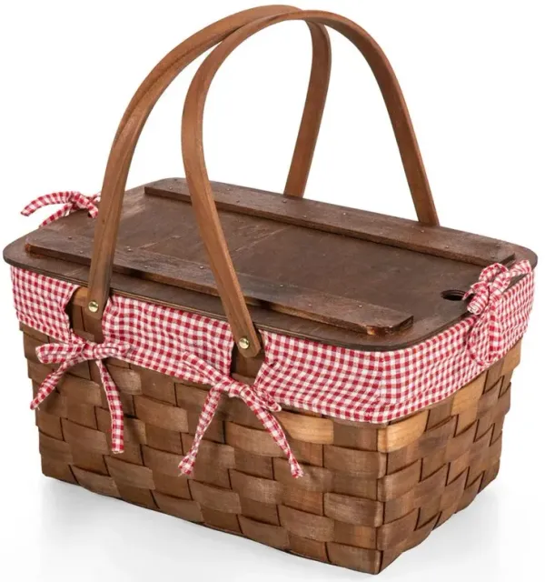 Roberto French Country Brown Wood Red Plaid Picnic Basket