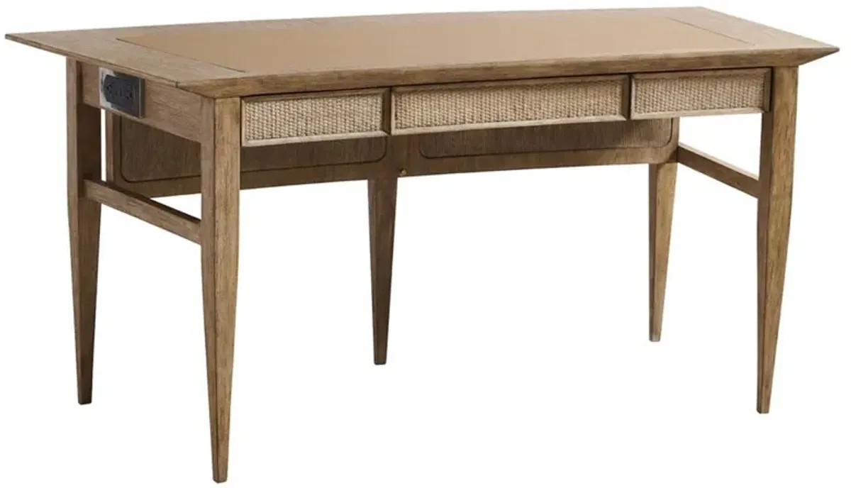Aegis Coastal Beach Brown Oak Wood Woven Cane Bronze Hardware Office Desk