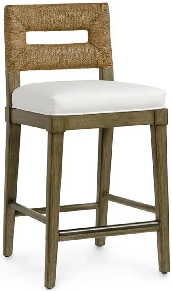 Palecek Logan Coastal White Upholstered Brown Hardwood Woven Jute Back Counter Stool