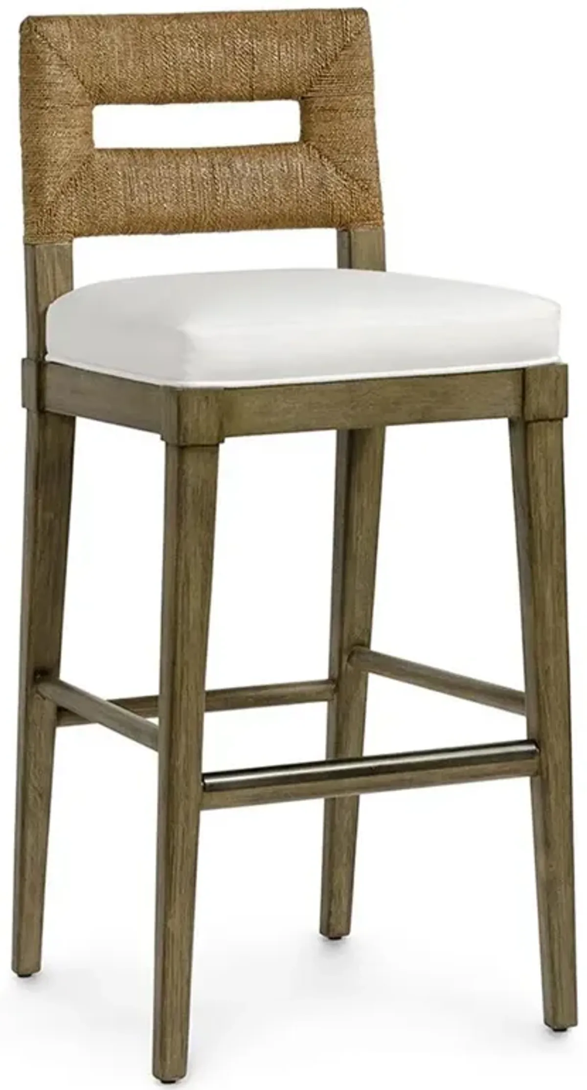 Palecek Logan Coastal White Upholstered Brown Hardwood Woven Jute Back Bar Stool