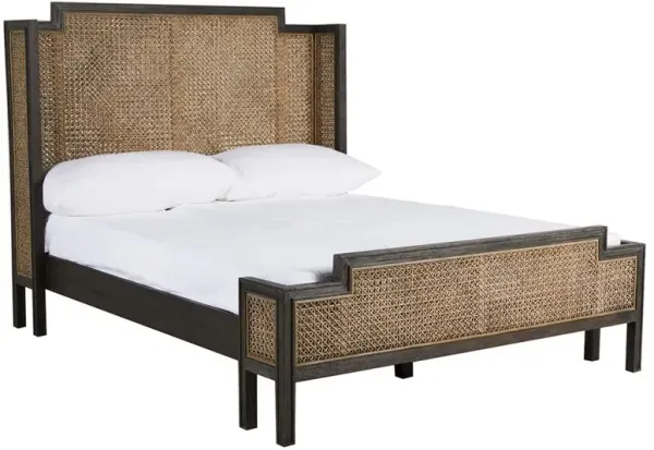 Camille Brown Mahogany Woven Textured Rattan Wingback Bed - Queen