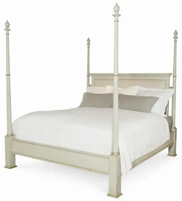 Century Madeline French Off White Upholstered Grey Wood Four Poster Bed - Queen