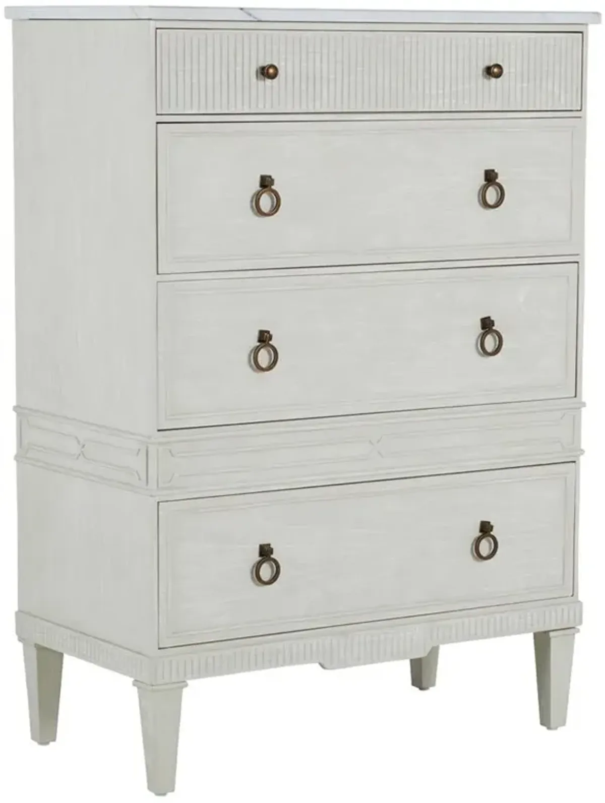 Archie French White Marble Top Wood Base 4 Drawer Tall Chest Dresser