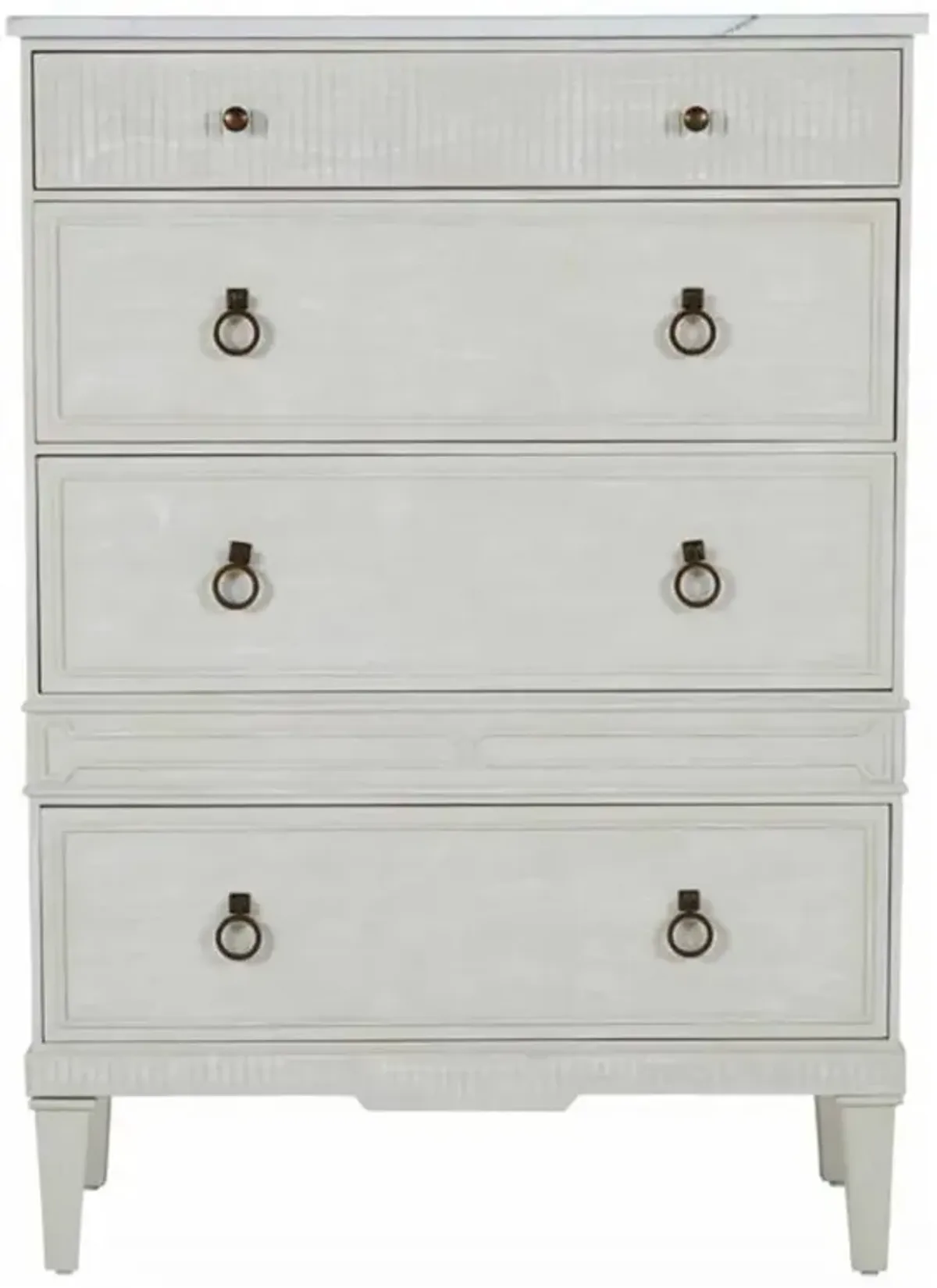 Archie French White Marble Top Wood Base 4 Drawer Tall Chest Dresser