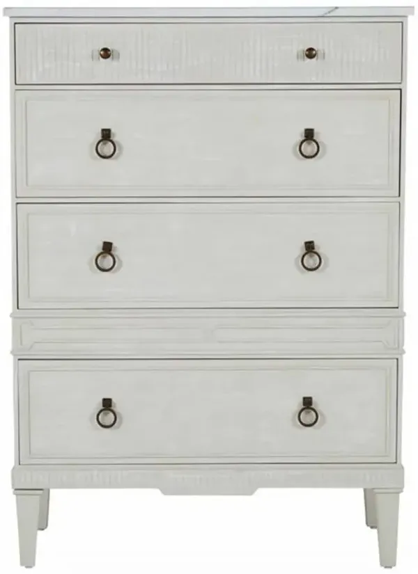Archie French White Marble Top Wood Base 4 Drawer Tall Chest Dresser