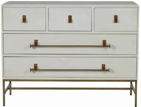 Maya French Country White Wood Brown Leather Pull 5 Drawer Dresser