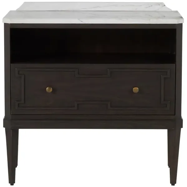 Glenwood French White Marble Top Dark Brown Wood Nightstand