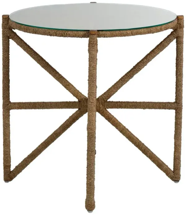 Nigel Coastal Glass Top Natural Woven Seagrass Base Round Side Table