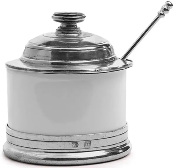 Tuscan French Country White Ceramic Covered Bowl with Spoon