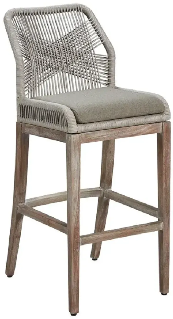 Cleo Coastal Grey Woven Synthetic Cord Upholstered Seat Brown Mahogany Counter Stool