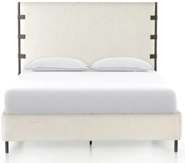 Gerald French Country White Performance Boucle Waxed Black Iron Frame Bed - King