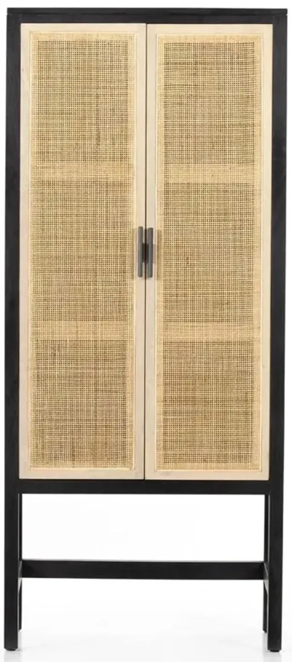 Corazon Coastal Beach Black Mango Wood Natural Cane Door Armoire Cabinet