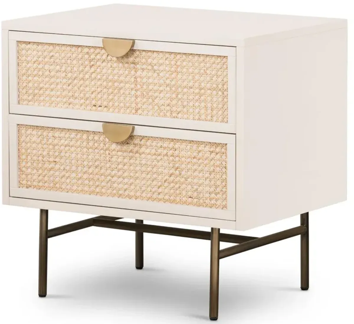 Assunta Coastal Off White Wood Natural Cane Aged Brass Steel 2 Drawer Nightstand