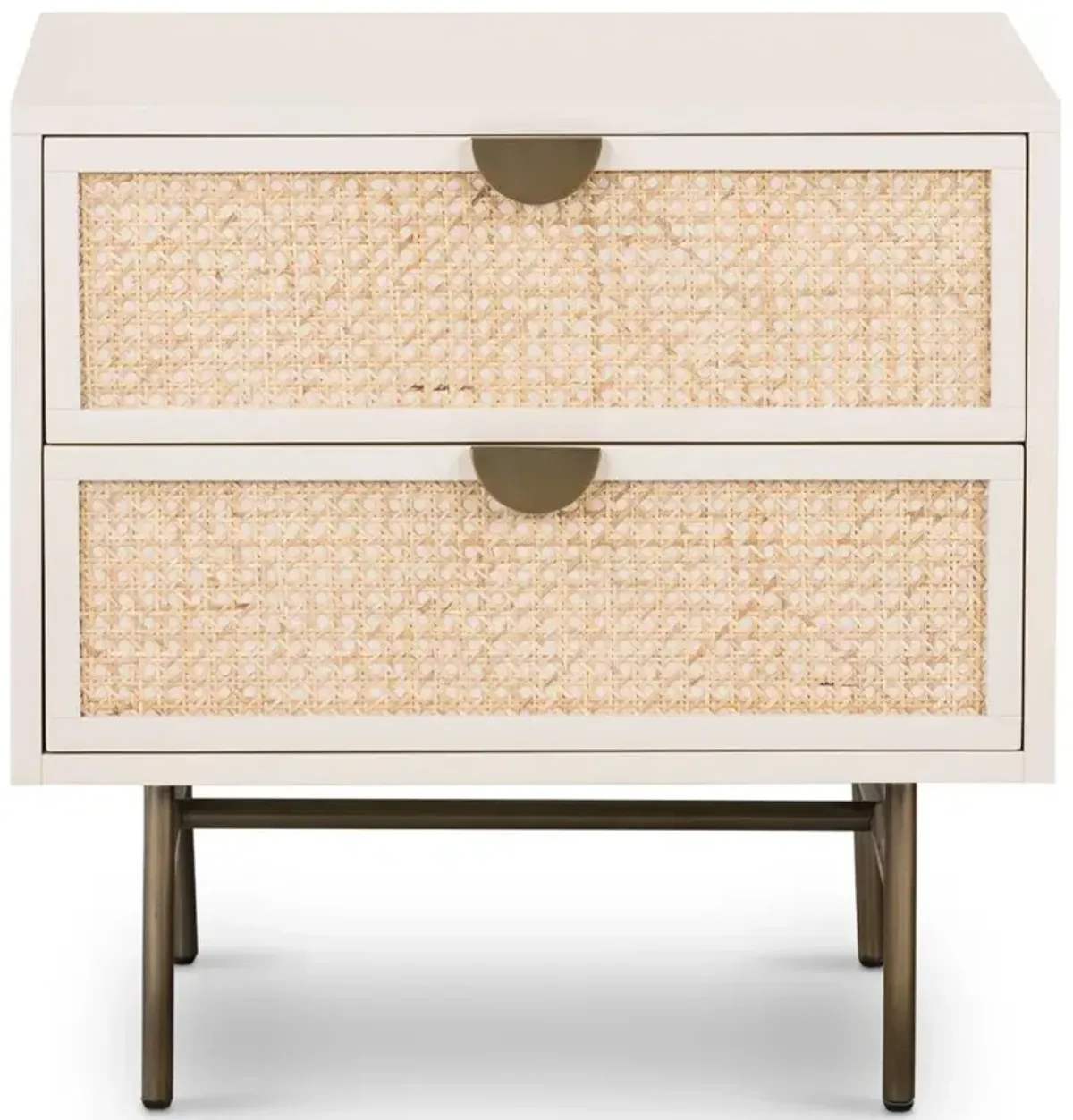 Assunta Coastal Off White Wood Natural Cane Aged Brass Steel 2 Drawer Nightstand