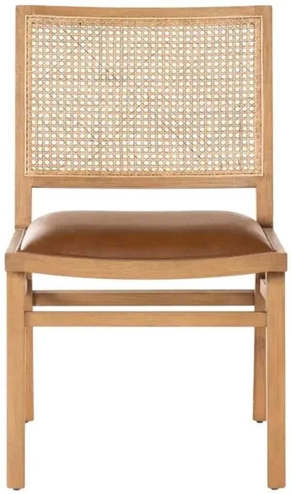 Samantha Coastal Brown Upholstered Faux Leather Natural Wood Cane Dining Side Chair