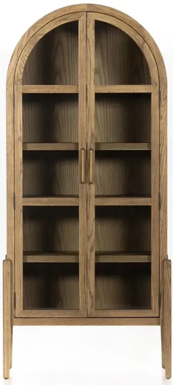 Ivan Mid Century Brown Solid Oak Wood 2 Glass Door Arched Display Case